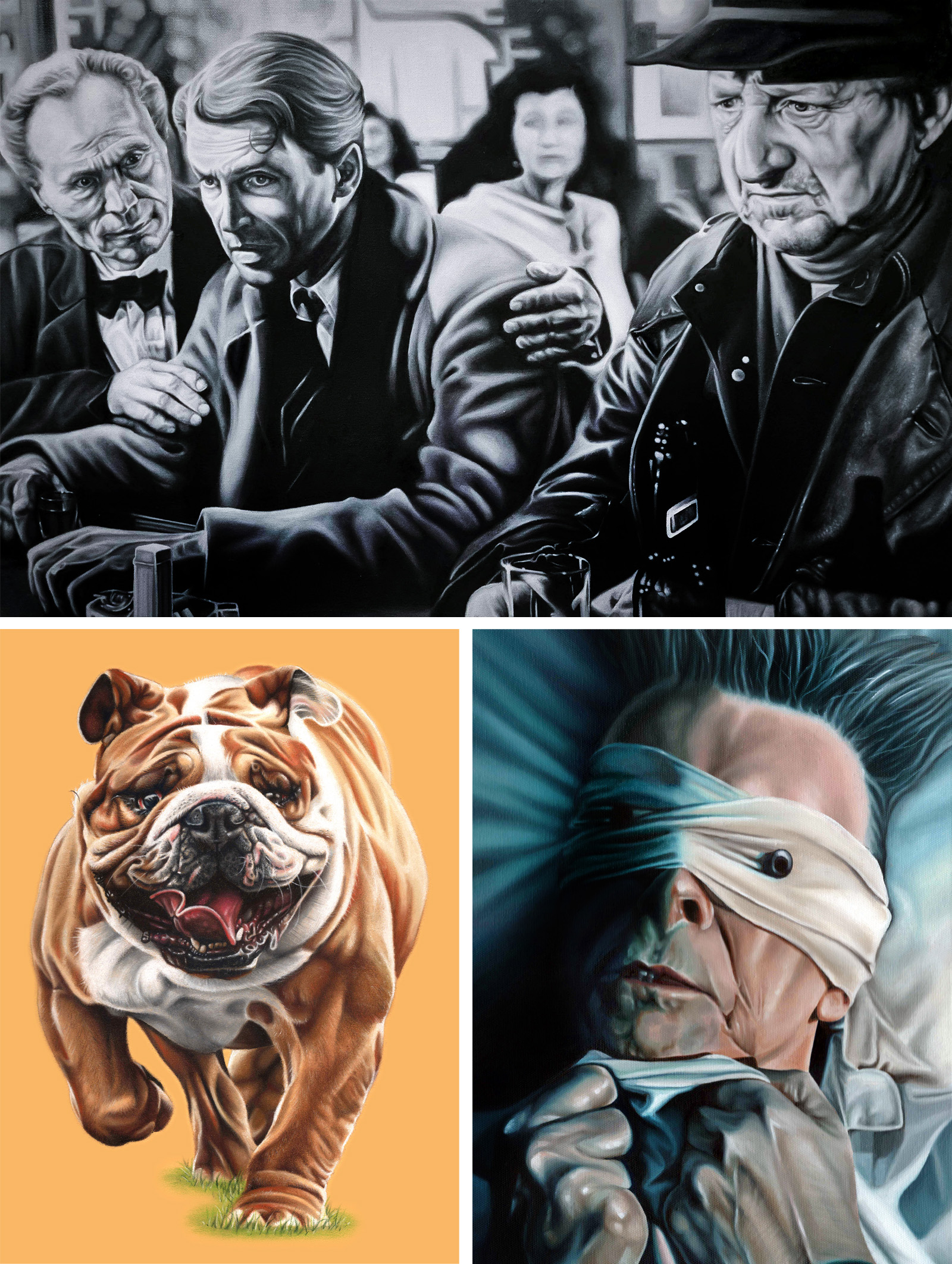 A selection of paintings including It's a Wonderful Life, a bulldog portrait and David Bowie