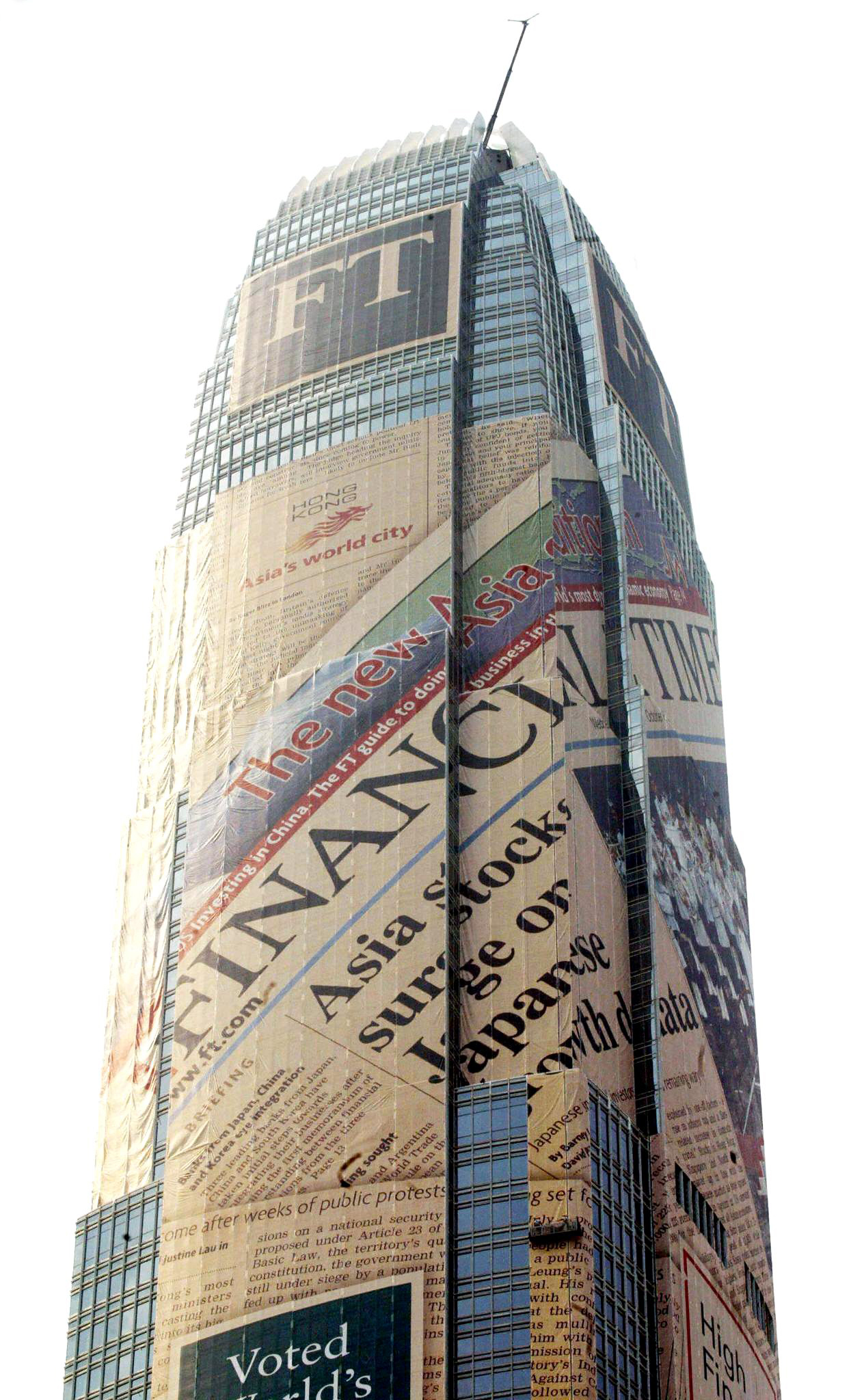 Two IFC in Hong Kong wrapped from top to bottom in a giant reproduction of the Financial Times front page